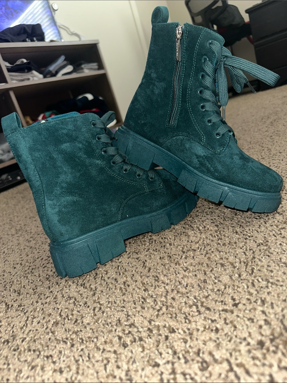 Zara Teal Suede Platform Combat Boots